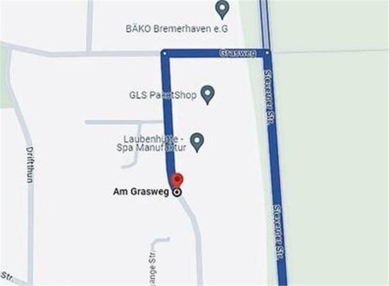 Navi führt in die Irre: Google-Posse um einen Straßennamen Screenshot einer Streckenführung bei Google Map, der die Wegführung zu Unternehmen in der Straße Am Grasweg im Gewerbe- und Technologiepark Sievern zeigt.
