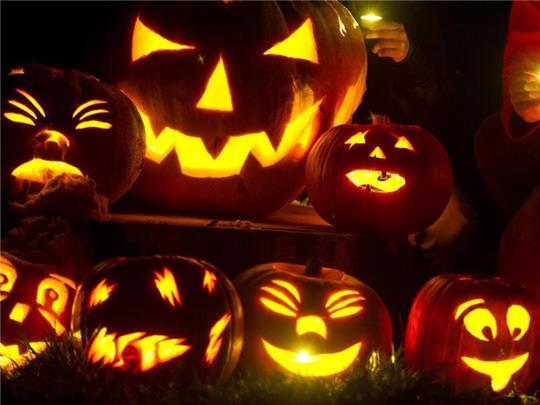 Selbst geschnitzte Halloween-Kürbisse leuchten in einem Garten. Foto: Patrick Pleul/dpa-Zentralbild/dpa/Symbolbild