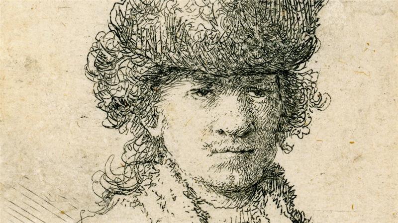 Der junge Rembrandt mit lockigem Haar und einer Pelzmütze 