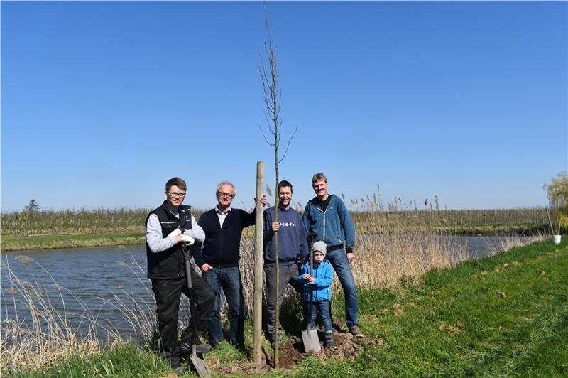 Sie fördern die Biodiversität: Michel Peters, Dr. Matthias Görgens, Karsten Palm, Jonas Palm und Jochen Feindt (von links) pflanzen die erste von 1000 Sommerlinden. Foto Vasel