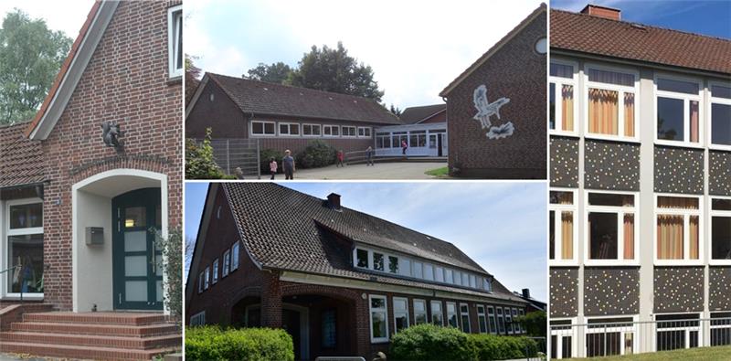 Sie gehören zu den kleinsten Schulen im Landkreis Stade und liegen eher ländlich: die Eichhörnchen-Grundschule Dollern (links), die Storchen-Grundschule Wiegersen (oben Mitte), die Grundschule Mulsum (unten Mitte) und die Grundschule Bargstedt (rechts).