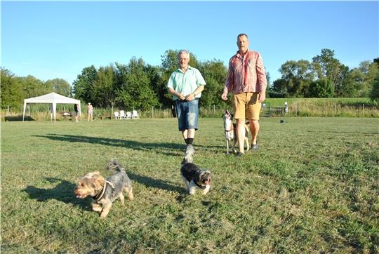 Sie kümmern sich um die Horneburger Hundewiese in der Hafenstraße am Lühe-Deich: Andreas Schlichtmann (links) mit seinen Yorkshire Terriern Max und Alex und Peter Scheßelmann mit Pepsi abends auf der umzäunten Freilauf-Fläche. Foto: Lohmann