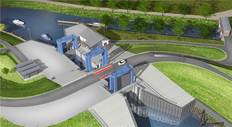 Sie soll in den kommenden Jahrzehnten einen wichtigen Beitrag für den Küstenschutz im Land Hadeln leisten: In einer Computeranimation ist die neue Kanalschleuse in Otterndorf bereits in Funktion zu sehen. Grafik: NWLKN