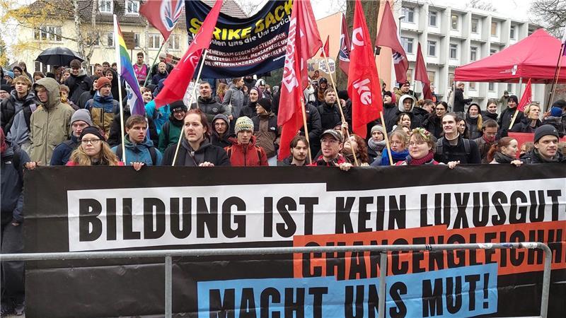 Sie zeigen den Landtagsabgeordneten ihre Meinung: Studenten in Kiel.