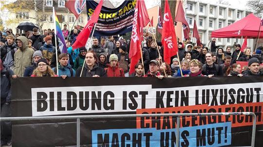 Sie zeigen den Landtagsabgeordneten ihre Meinung: Studenten in Kiel.