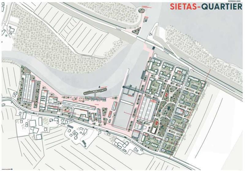 Was wird aus der Sietas-Werft? Studentin legt Pläne vor Sietas-Quartier: Das Nutzungskonzept der Stadtplanerin Finja Volmari für die Sietas-Werft in Neuenfelde, links Gewerbe, rechts vor allem Wohnen.