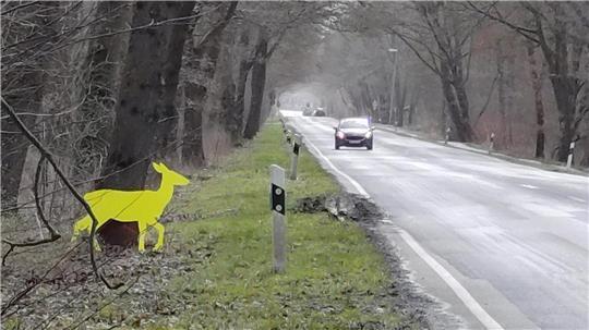 Silhoutten wie diese in auffälliger Signalfarbe soll Autofahrer zu mehr Vorsicht mahnen. So sollen Wildunfälle verhindert werden.