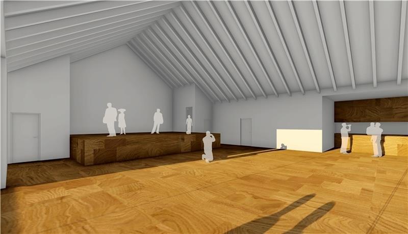 Skizzen von der Innenansicht des Saals mit Bühne und Tanzboden nach den Entwürfen von Bernd Mügge. Visualisierung: Architekturbüro Mügge
