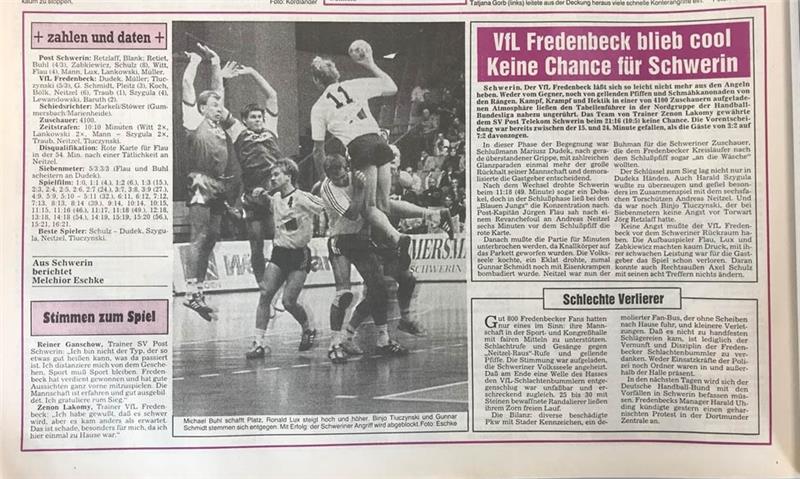 So berichtete das TAGEBLATT am 28. Oktober 1991 über das Bundesligaspiel in Schwerin: „Daß am Ende eine Welle des Hasses den VfL-Schlachtenbummlern entgegenschlug war unfaßbar und erschreckend zugleich.“