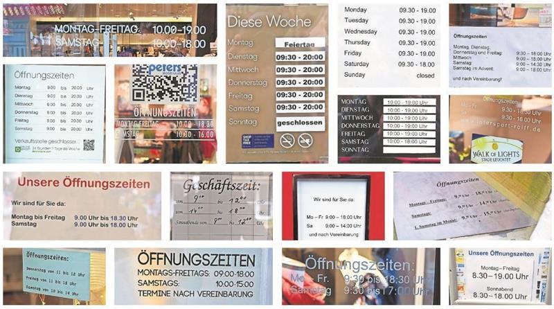 So bunt wie die Öffnungszeiten sind auch die Aushänge der Geschäfte in der Stader Fußgängerzone. Fotos: Strüning
