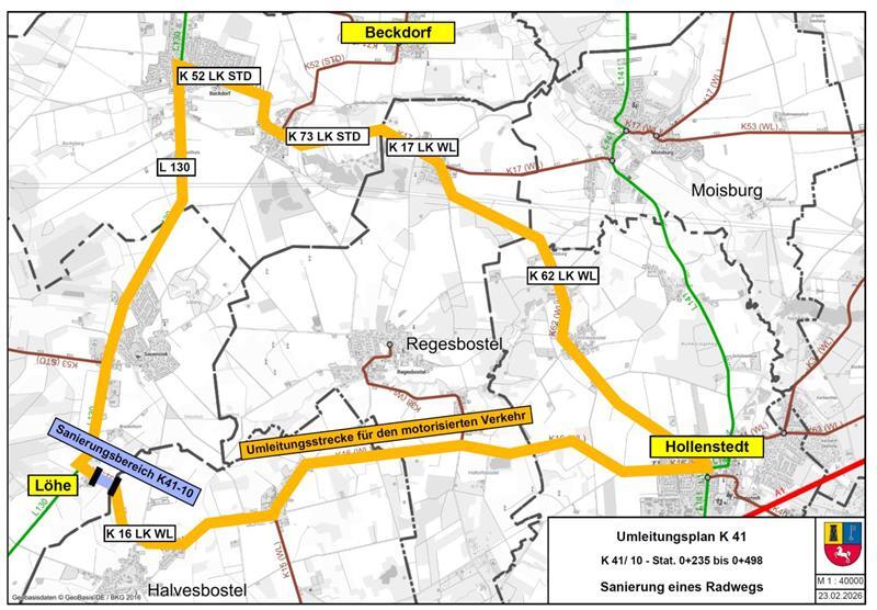 So erfolgt die Umleitung des motorisierten Verkehrs während der Radwegerneuerung an der K41 im Bereich Sauensiek-Halvesbostel.