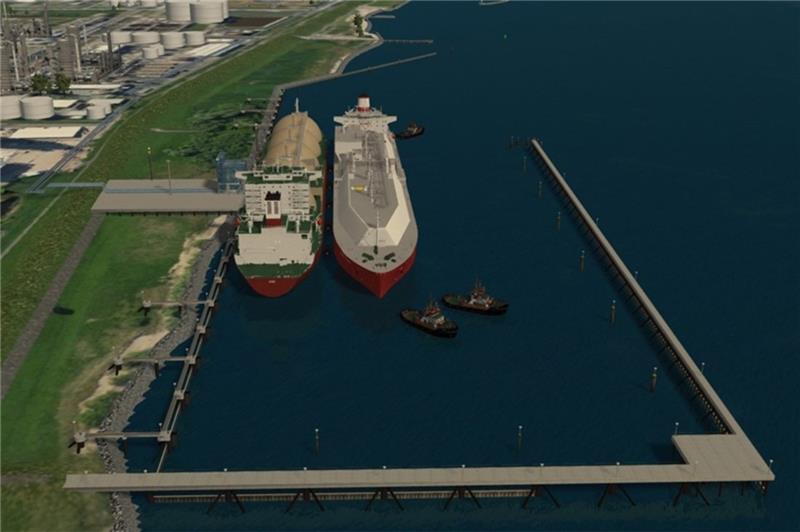Stader Energiehafen: So kommt das Gas ins deutsche Netz So ist der Plan: Im neuen Südhafen fließt LNG vom Tanker (rechts) in das fest installierte Regasifizierungsschiff und von dort ins deutsche Gasnetz. Skizze: N-Ports