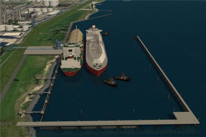 So ist der Plan: Im neuen Südhafen fließt LNG vom Tanker (rechts) in das fest installierte Regasifizierungsschiff und von dort ins deutsche Gasnetz. Skizze: N-Ports