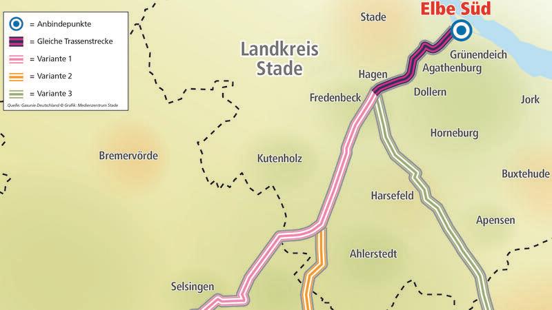 LNG-Leitung ab Elbe gen Süden nimmt Formen an So ist der Trassenverlauf im Landkreis Stade vorgesehen, die westliche Variante (auf der Karte also links).