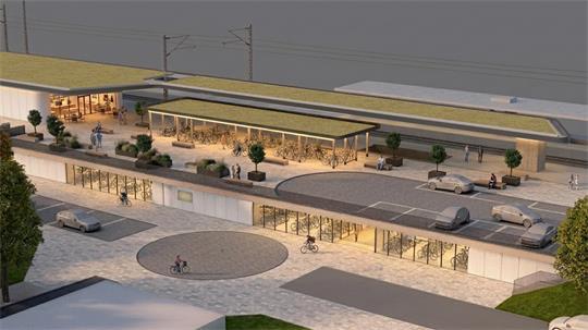So kann das Fahrradparkhaus aus Richtung Brüningstraße aussehen. Zu erkennen ist der ebenerdige Eingang von der Giselbertstraße aus. Hier entsteht auch ein neuer Zugang zum Mittelbahnsteig.