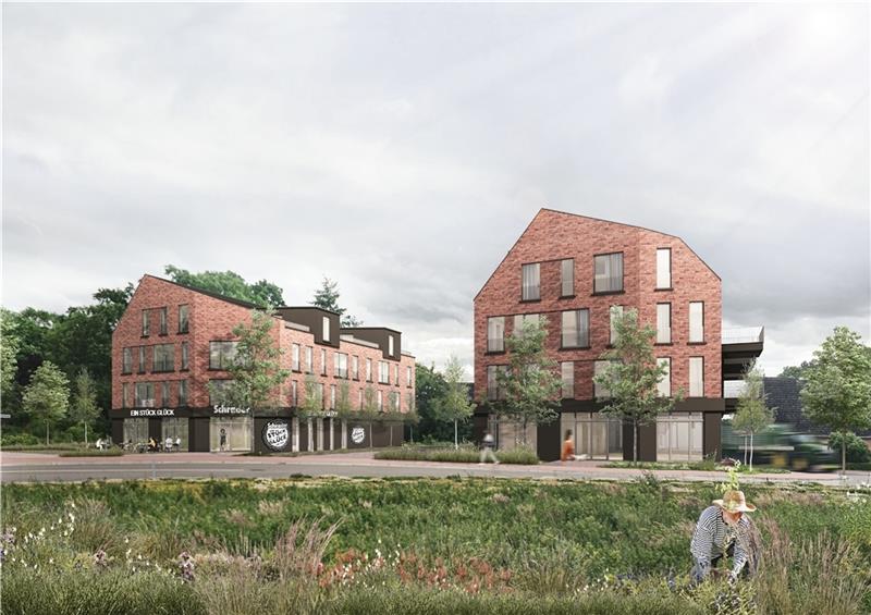 Bäcker Schrader bewirbt sich um Himmelpfortens Sahnestück am Kreisel So könnte das Grundstück am B-73-Kreisel in Himmelpforten bebaut werden (Blick vom Stubbenkamp). Grafik: Frenzel und Frenzel Architekten