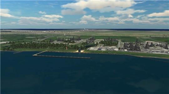 So könnte das LNG-Terminal bei der Dow aussehen: vorn am Leuchtturm der neue Anleger, ganz rechts die großen Gasspeicher. Visualisierung: HEH