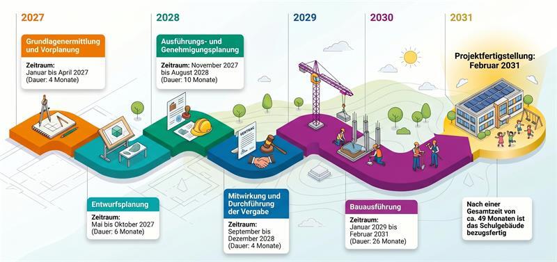 Drochtersen startet konkrete Planung für neue Grundschule So könnte der Zeitstrahl von bis zur Fertigstellung aussehen. Die Angaben beruhen auf Annahmen von Drees & Sommer.