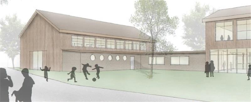 So könnte die Sporthalle der Grundschule Horneburg aussehen, rechts ist der neue Rettungsweg zu sehen. Visualisierungen Onnen Architekten