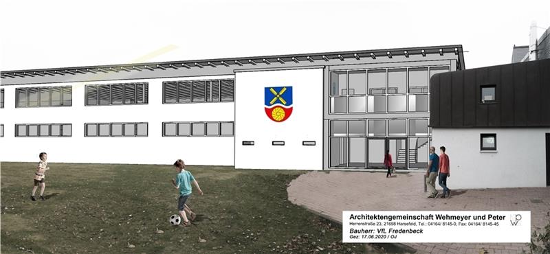 So könnte eine neue Sporthalle – etwa als Anbau an die Fredenbecker Geestlandhalle – aussehen. Ob und wann sie gebaut wird, steht indes in den Sternen. Visualisierung: Kratzenberg