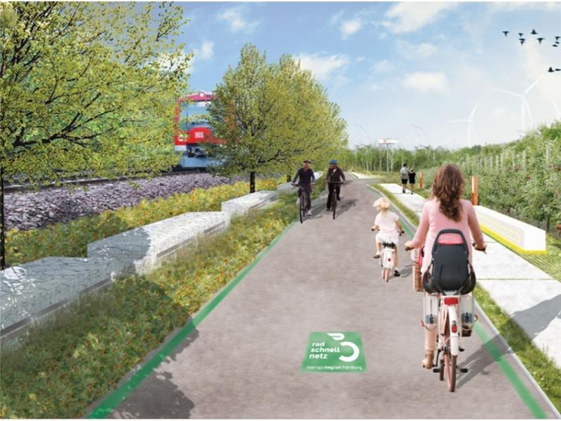 So könnte es aussehen auf dem Radschnellweg zwischen Stade und Buxtehude: Links die S-Bahn, in der Mitte viel Platz für Radfahrer und hier zusätzlich für Fußgänger und rechts die Obstplantagen.