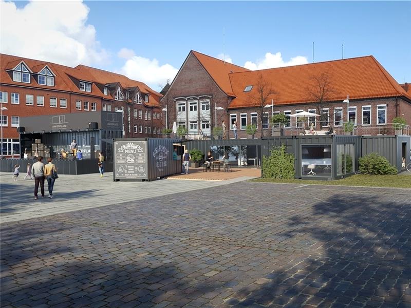 So könnte es aussehen: das kleine Container-Dorf auf dem Sand vor dem Kreishaus. So bliebe genügend Platz für den Jahrmarkt.