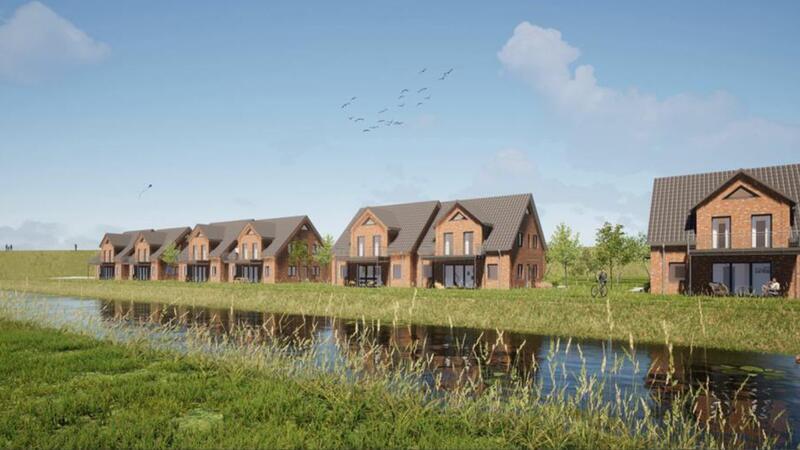 Altes Land: Luxus-Ferienhäuser am Elbdeich geplant So könnten die neuen Ferienhäuser am Schöpfwerkskanal Hollern-Steinkirchener Moor in Siebenhöfen aussehen.