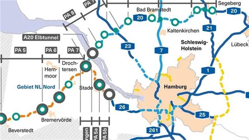 A26 und A20: Der Kampf um die Autobahnen So sehen die Planungsabschnitte für die Küstenautobahn aus. Das Bestandsnetz zeigt, wo schon gefahren werden kann. Grafiken: DEGES