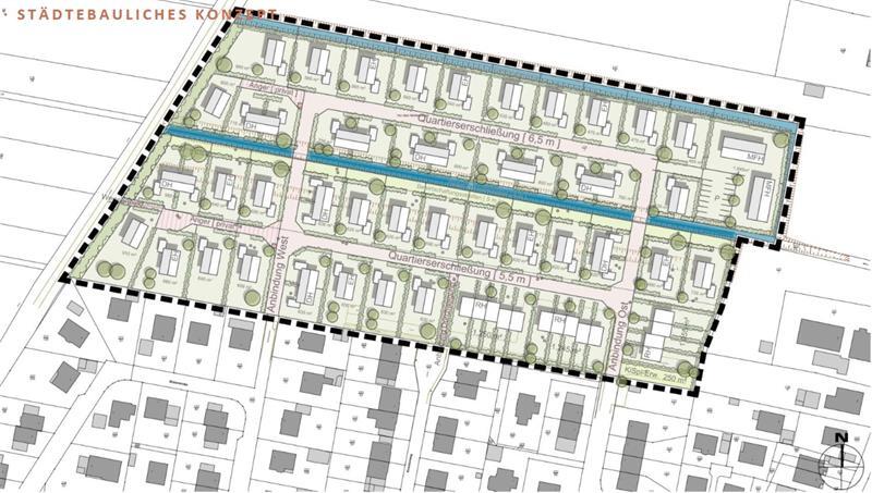 So sieht das aktuelle städtebauliche Konzept für das neue Baugebiet Alter Sportplatz in Guderhandviertel aus. Rechts oben sind Mehrfamilienhäuser geplant. Einzel-, Doppel- und Reihenhäuser dominieren.