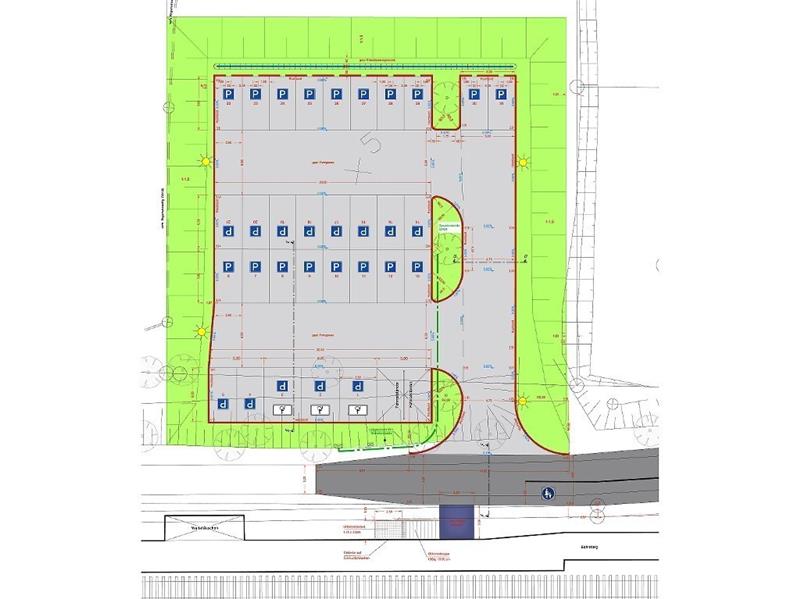 So sieht der Entwurf für den „Park + Ride“-Parkplatz (grau) aus: mit 31 Stellplätzen, davon drei für Behinderte, und einer Einfahrt über den Wiesenweg (dunkelgrau, parallel zur Bahntrasse unten).