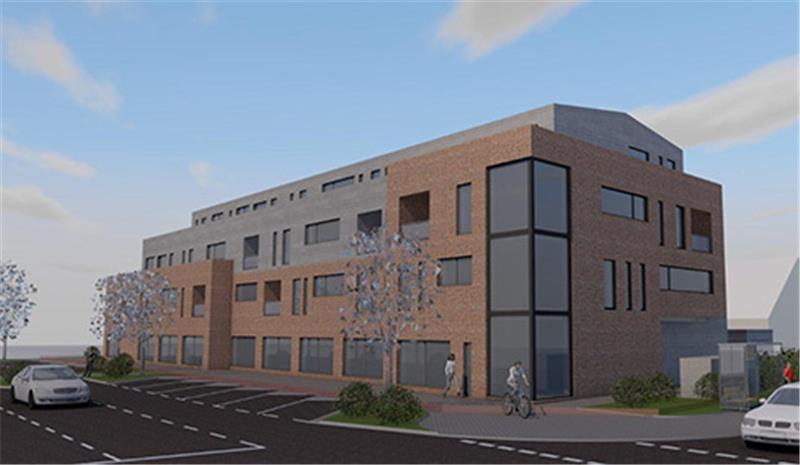 So sieht der aktuelle Entwurf der HBI für das Wohn- und Geschäftshaus an der Ecke Bahnhofstraße/Grenzweg aus. HBI wird den Entwurf jetzt noch einmal überarbeiten, die Ladenzeile um die Ecke herumziehen.