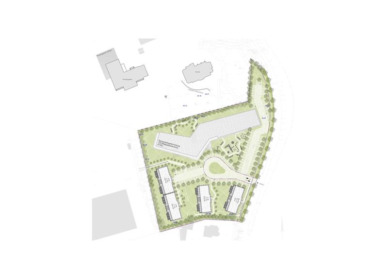 So sieht der aktuelle Entwurf der PGN für den Kirchberg aus: Zur Kirche hin entsteht ein Seniorenpflegeheim, davor Seniorenwohnen. Entwurf: PGN