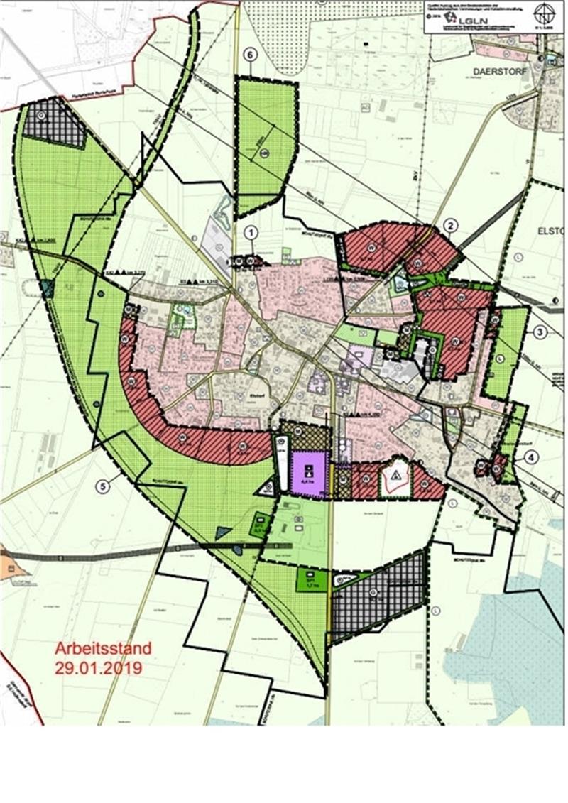So sieht der neue F-Plan für Elstorf aus. Vor allem die geplanten Wohnbauflächen (rot) im Elstorfer Südwesten sind umstritten: Die UWG will sie gar nicht, auch der Bürgermeister hält das vorgesehene Wachstum für zu groß. Das neue Gewerbegeb