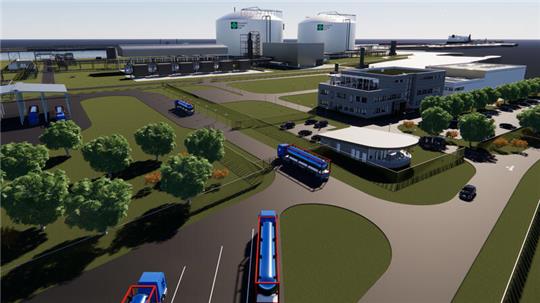 So sieht die Visualisierung das Terminal für verflüssigte Gase auf dem Gelände des Chemieparks an der Elbe mit den 60 Meter hohen Gaslagern.