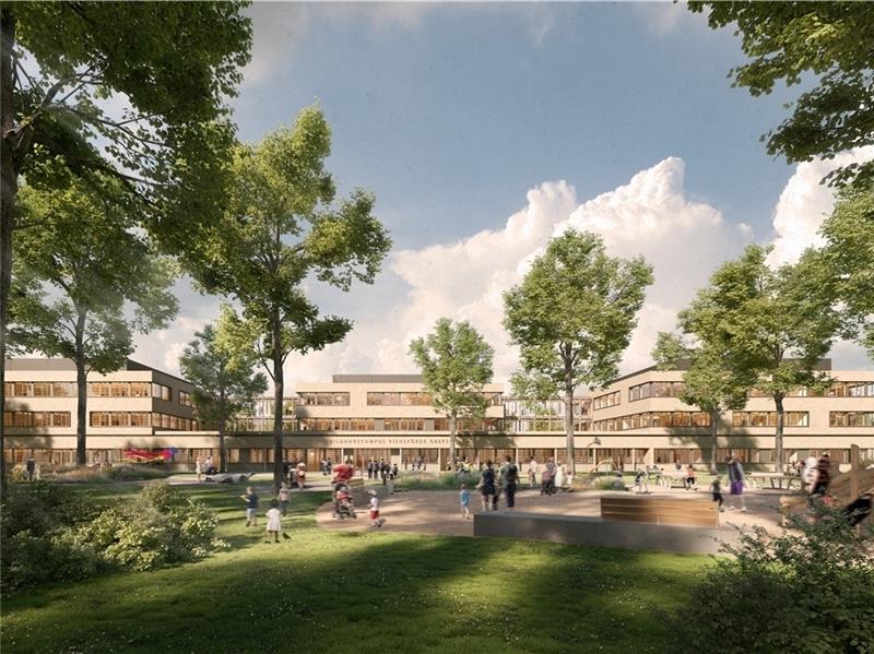So sieht die Visualisierung der federführenden Architekten vom Büro gmp aus Hamburg aus: Stades neue Oberschule mit viel Platz und Grün , um den Campus-Charakter zu unterstreichen.