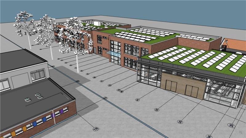 Streit um Schulstandort in der Samtgemeinde Lühe spaltet den Rat So sieht einer der vor den Sommerferien vorgelegten Entwürfe für die Grundschule Hollern des Architektencontors Agather Bielenberg Oschkinat aus Hamburg aus, links ist die Turnhalle zu sehen.