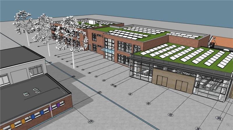 So sieht einer der vor den Sommerferien vorgelegten Entwürfe für die Grundschule Hollern des Architektencontors Agather Bielenberg Oschkinat aus Hamburg aus, links ist die Turnhalle zu sehen.