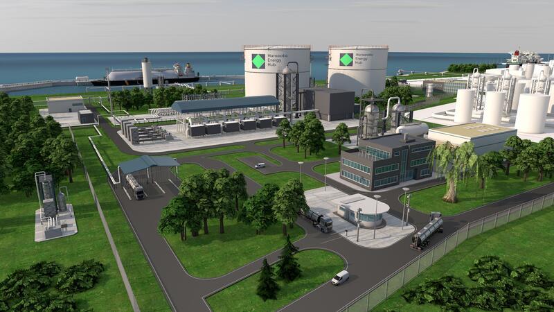 So soll das landseitige LNG-Terminal in Bützfleth aussehen. In den kommenden Wochen wird die finale Investitionsentscheidung erwartet (Visualisierung).
