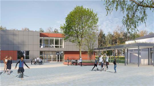 So soll das neue Gebäude die Grundschule Himmelpforten (rechts) ergänzen. Dadurch bilden die beiden Häuser einen Schulhof, im hinteren Bereich schließt sich der Platz zum Toben mit viel Grün an.