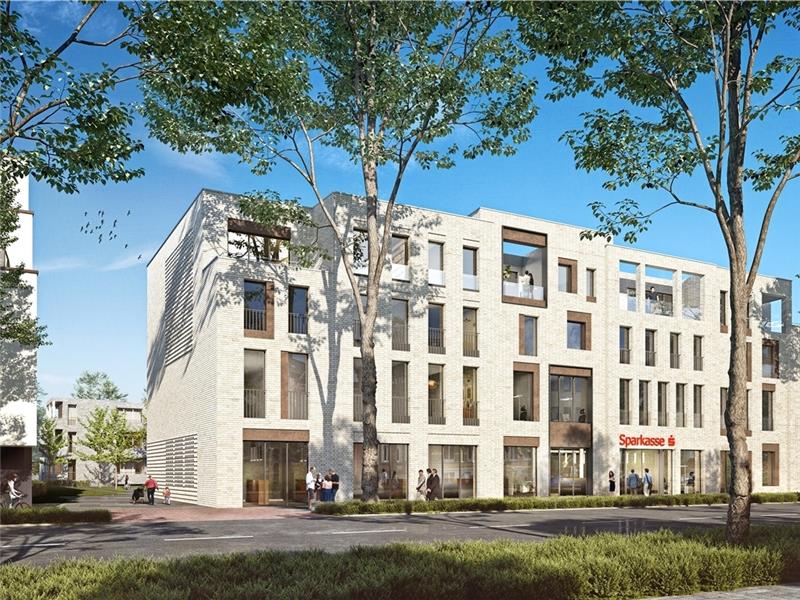 Neubau der Sparkasse Harburg-Buxtehude: Hier entstehen jetzt 43 neue Wohnungen So soll das neue Sparkassen-Gebäude in der Bahnhofstraße aussehen, wenn es 2023 fertig ist. Grafik: Architektenbüros Lohmann Architekten BDA
