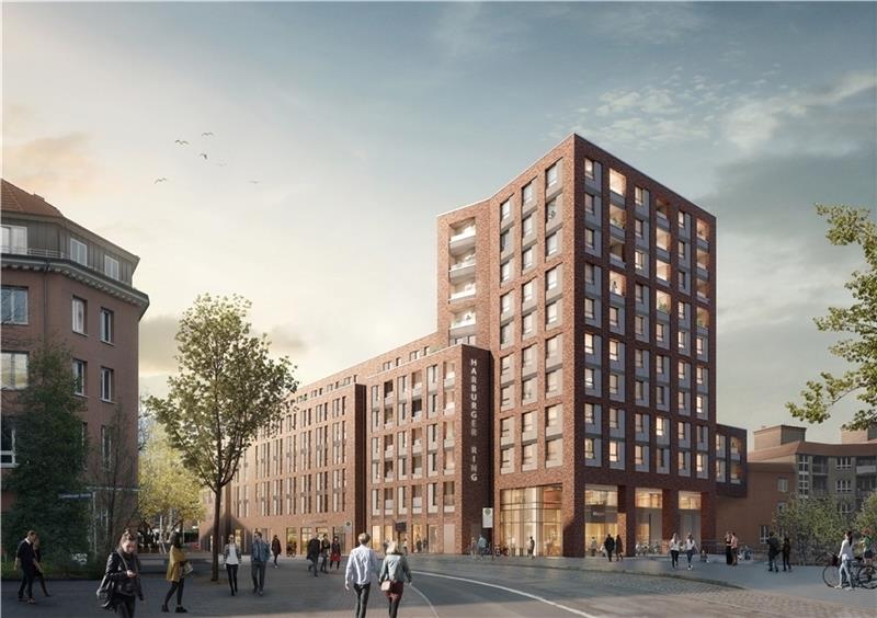 So soll das neue Wohn- und Geschäftshaus in Harburgs Mitte vom Ring aus betrachtet aussehen. Foto: BPD Immobilienentwicklung/moka-studio