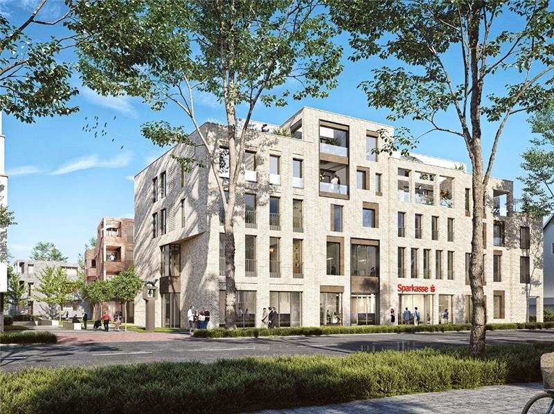 So soll der neue Sparkassen-Gebäude-Komplex von der anderen Seite der Bahnhofstraße aussehen