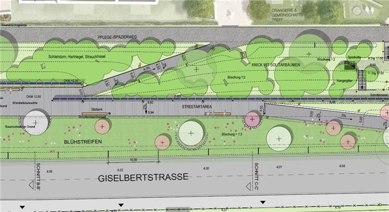 So soll die Lärmschutzwand des Wohngebiets Giselbertstraße mit der Street-Art-Fläche (Mitte) einmal aussehen. Visualisierung: Hansestadt Buxtehude