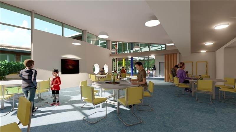 So soll die neue Mensa im Herzen der Feldbusch-Grundschule aussehen Visualisierung: Architektengemeinschaft Wehmeyer und Peter