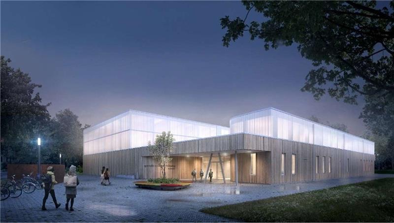 So soll die neue Sporthalle an der Grundschule Rotkäppchenweg aussehen, wenn sie 2024 fertig ist. Quelle: Hansestadt Buxtehude