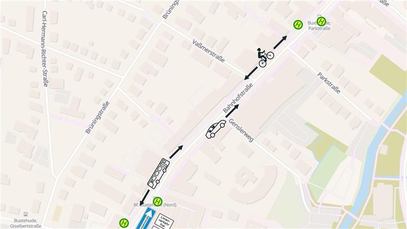 Grafik, die die neue Verkehrsführung in der Buxtehuder Bahnhofsstraße zeigt. 