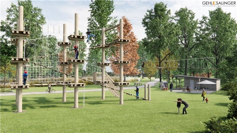 So soll er aussehen, der Kletterpark am Otterndorfer See Achtern Diek . Nach den ursprünglichen Plänen sollte die Anlage im Frühjahr öffnen, doch das Vorhaben verzögert sich. Fotos: Buhl Outdoor & Sport Events
