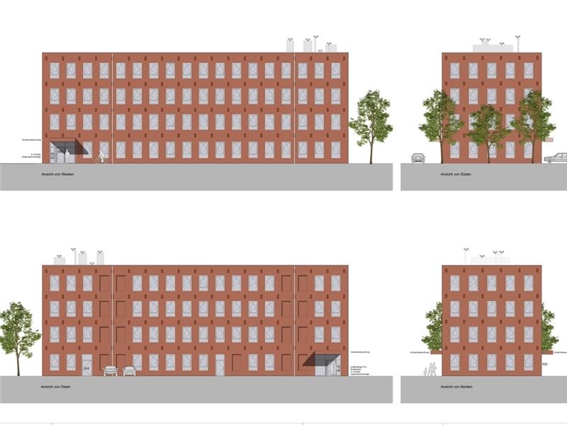 So soll es aussehen: Das neue Gebäude ist funktional und symmetrisch ausgerichtet, die Fassade besteht aus vielen Fenstern und rotem Klinker.