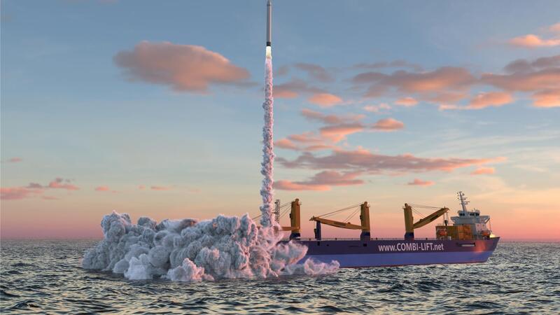 Vom Entenschnabel ins All: Countdown für deutschen Weltraumhafen in der Nordsee So soll es aussehen, wenn die ersten Kleinraketen von einem Schiff der Reederei Harren & Partner abheben. Die Schiffe sollen an der ABC-Halbinsel im Kaiserhafen beladen werden. Die Rakete wird hier mit einer Startrampen-Box an Bord gezogen.Fotograf