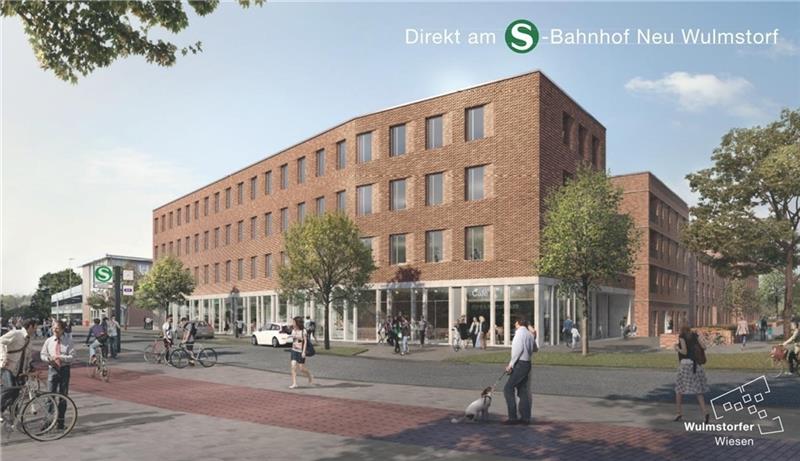 So soll es aussehen, wenn es fertig ist: Der südliche Bauabschnitt der Wulmstorfer Wiesen gegenüber dem Bahnhof mit Ladenzeile. Visualisierung: HBI